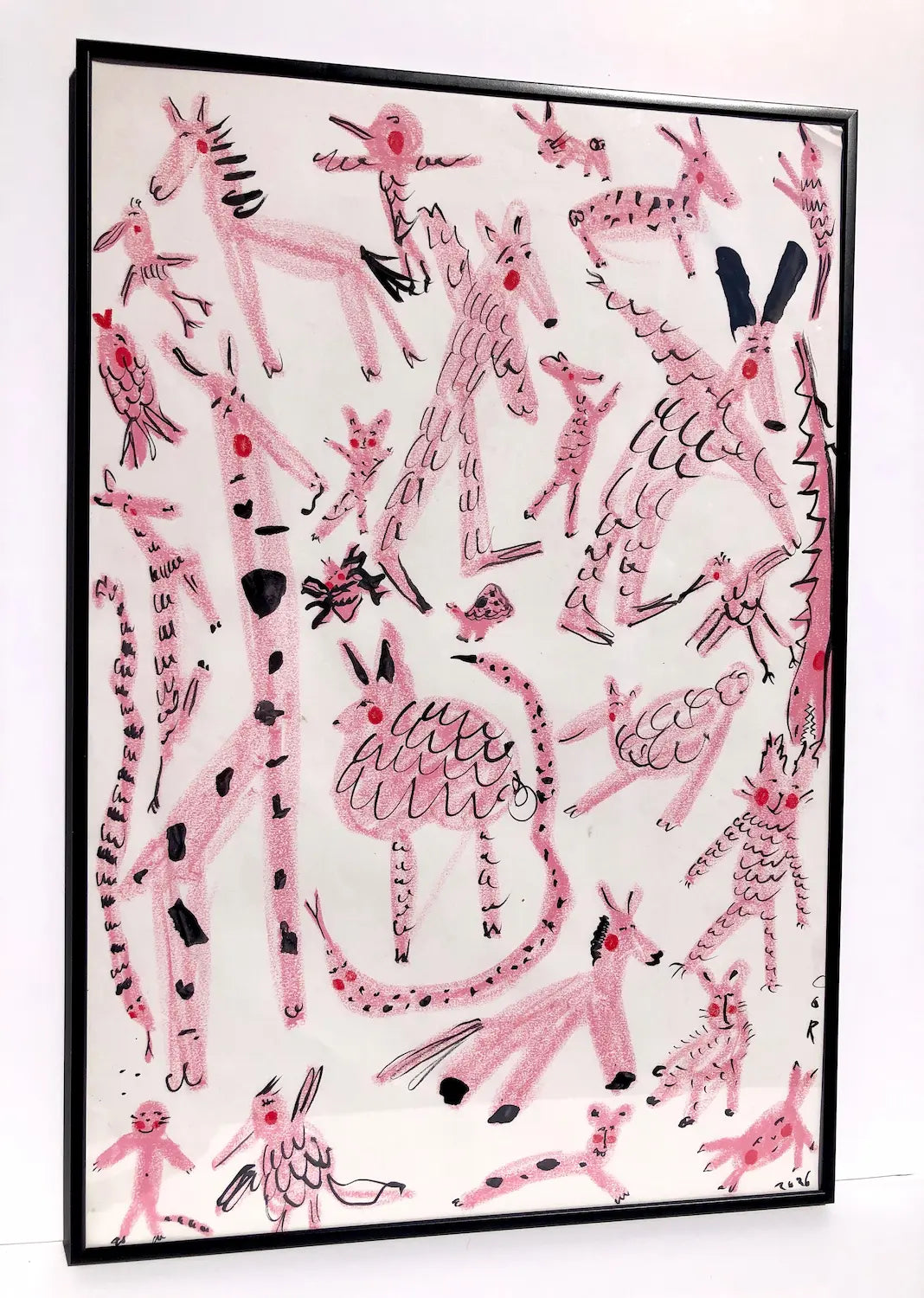 ‘Pink Animal Soup’ Drawing in wax pastels & ink by Charlotte Ortegon Rees