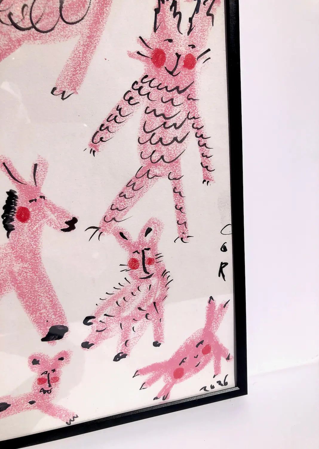 ‘Pink Animal Soup’ Drawing in wax pastels & ink by Charlotte Ortegon Rees