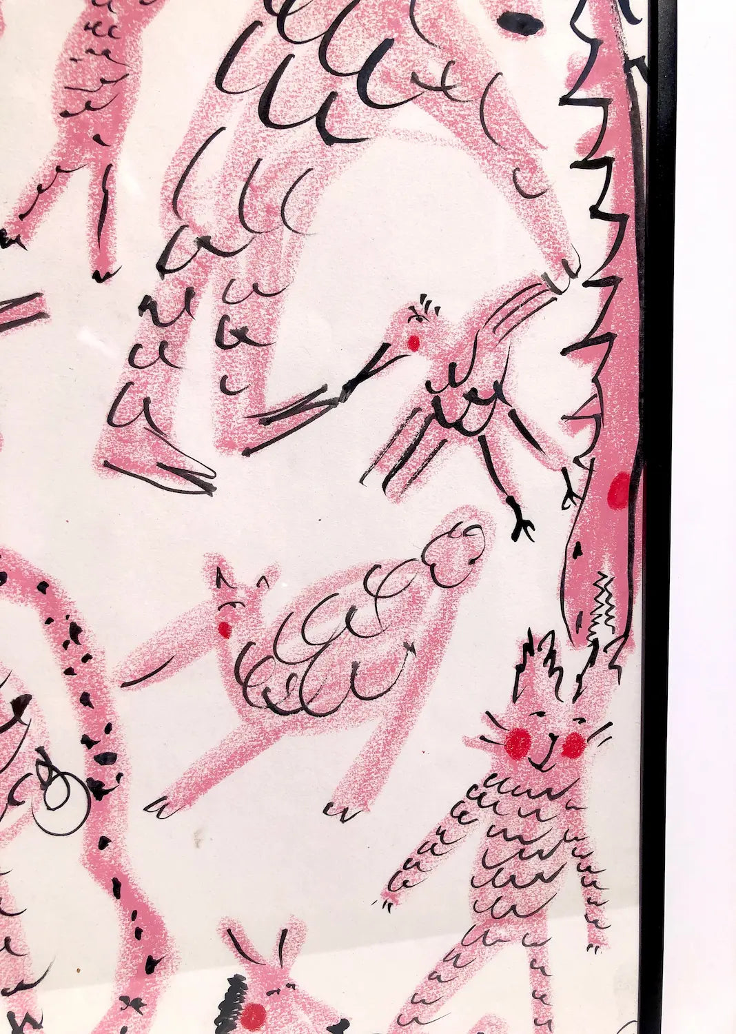 ‘Pink Animal Soup’ Drawing in wax pastels & ink by Charlotte Ortegon Rees