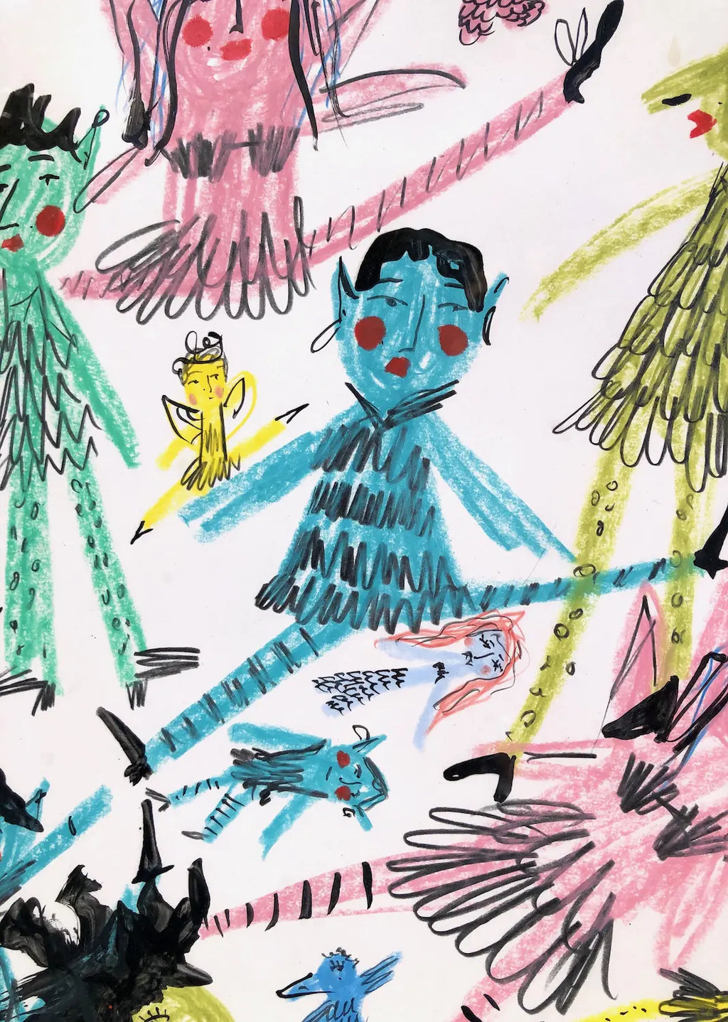 ‘They All Showed Up’ Fantasy Character Painting in wax pastel and ink by Charlotte Ortegon Rees