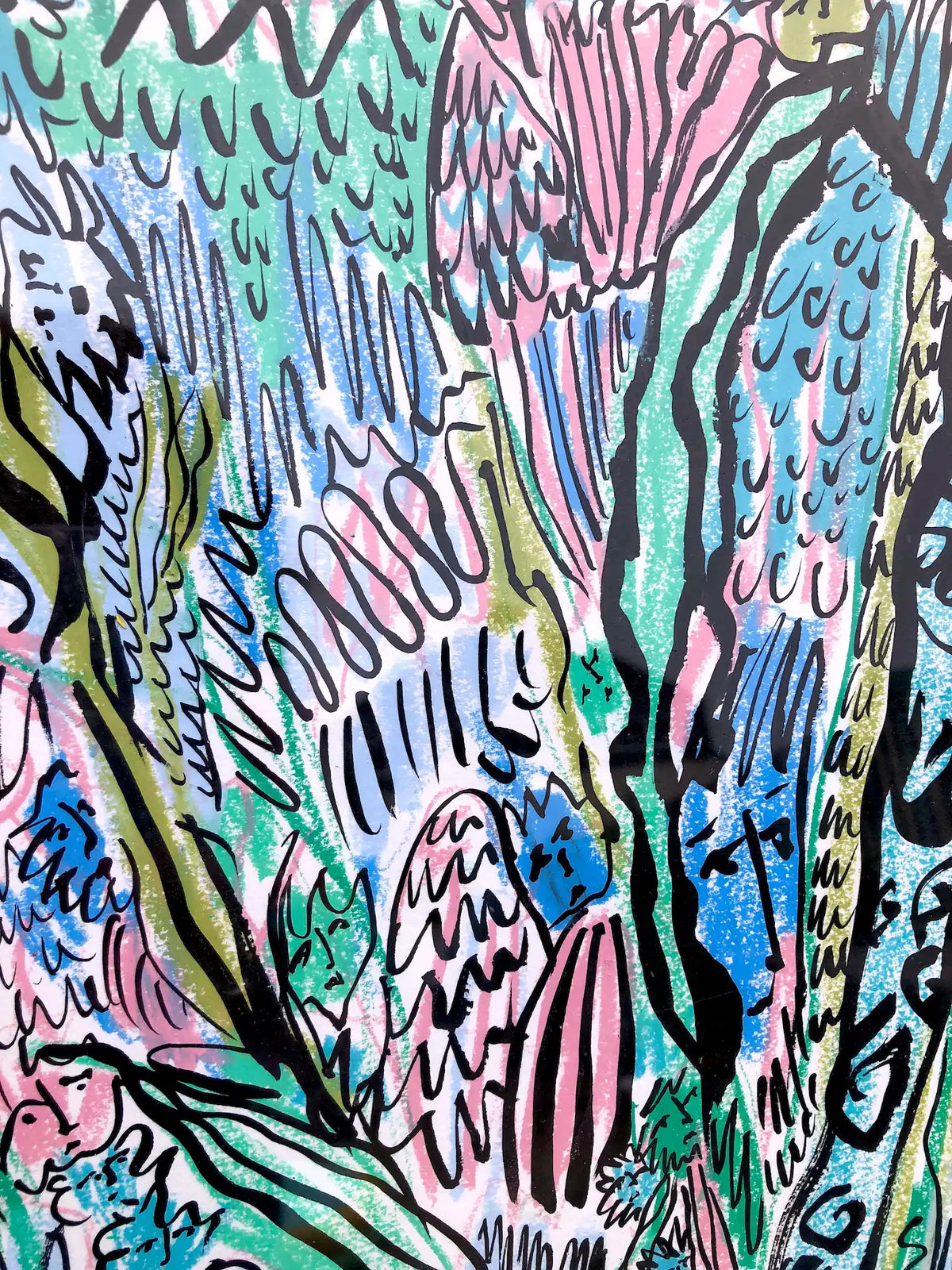 ‘The Blue Octopus’ wax pastel & ink painting by Charlotte Ortegon Rees