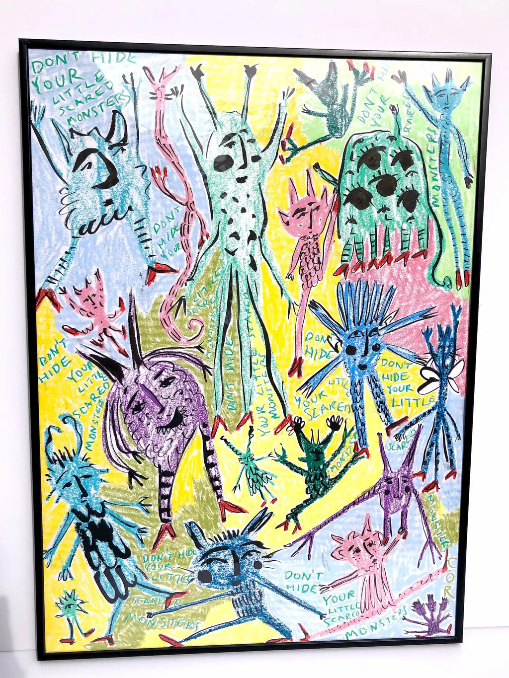 ‘Don’t Hide Your Scared Little Monsters’ wax pastel and ink by Charlotte Ortegon Rees