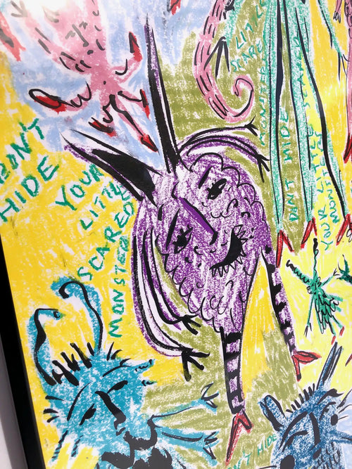‘Don’t Hide Your Scared Little Monsters’ wax pastel and ink by Charlotte Ortegon Rees