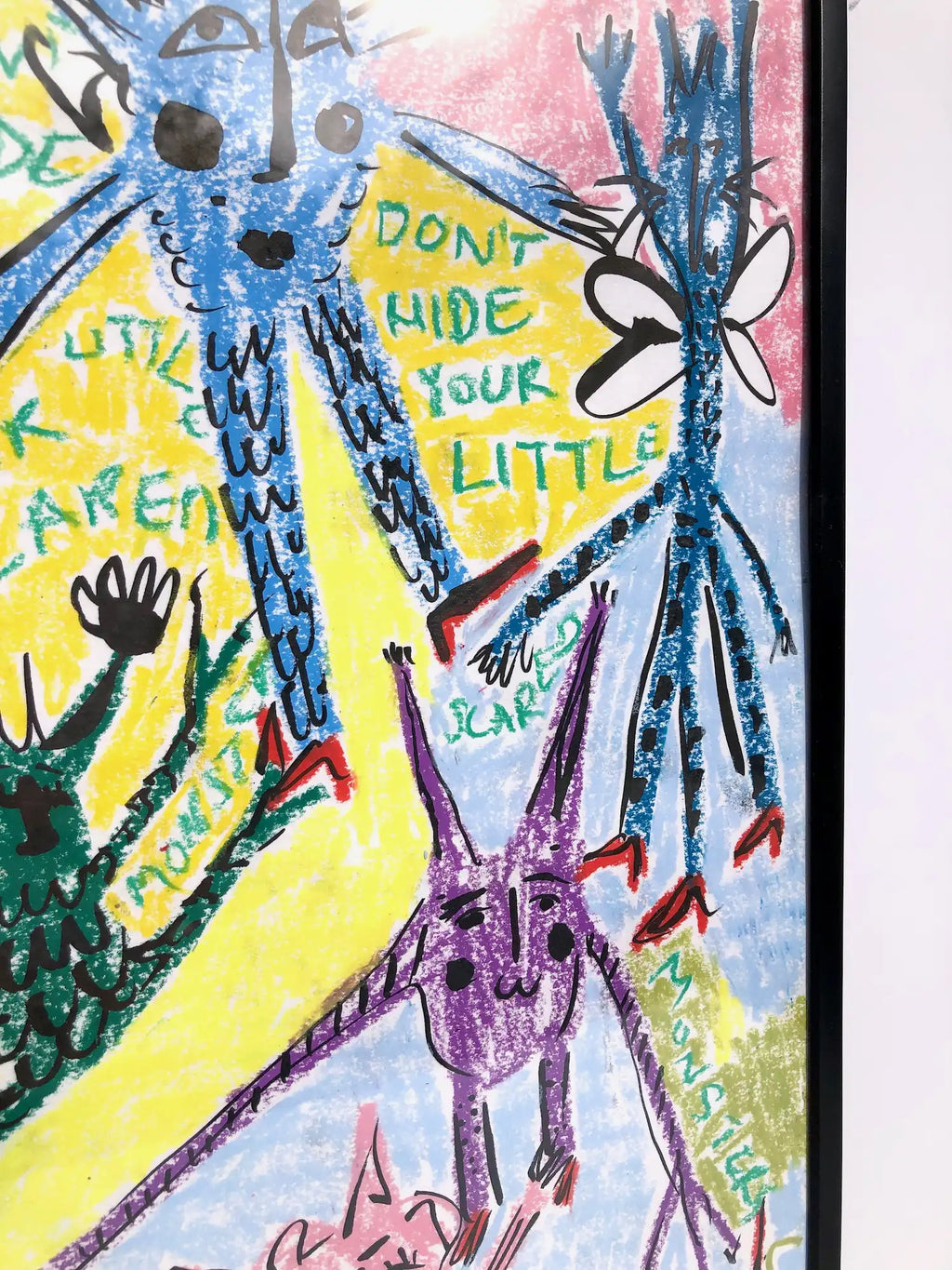 ‘Don’t Hide Your Scared Little Monsters’ wax pastel and ink by Charlotte Ortegon Rees
